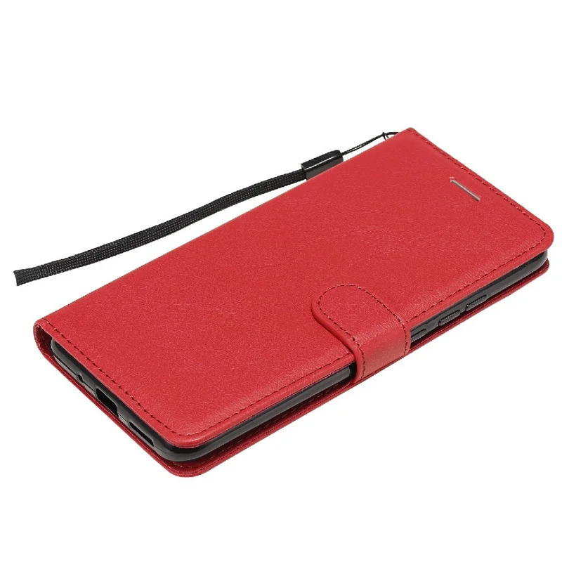 For Xiaomi Redmi 9A Case Solid Color Leather Mobile Cover Wallet Stand with Strap - Red