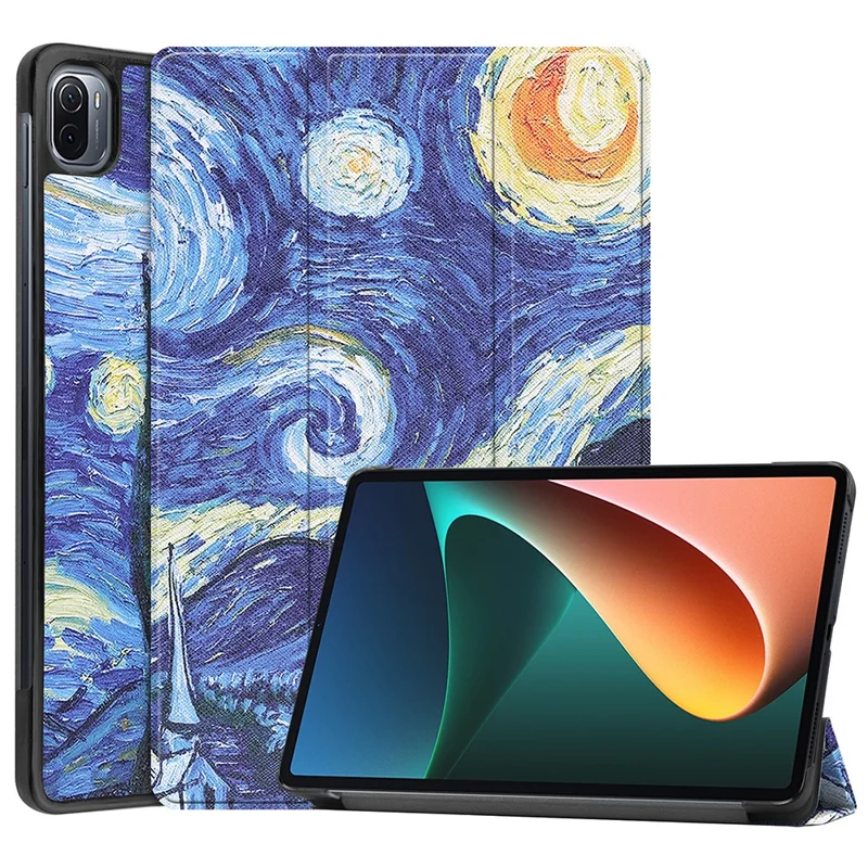 Capa de Couro PU com Impressão de Padrão para Xiaomi Pad 5/Pad 5 Pro, Capa Inteligente com Suporte Tri-Fold e Função de Suspensão/Reativação Automática - Céu Estrelado