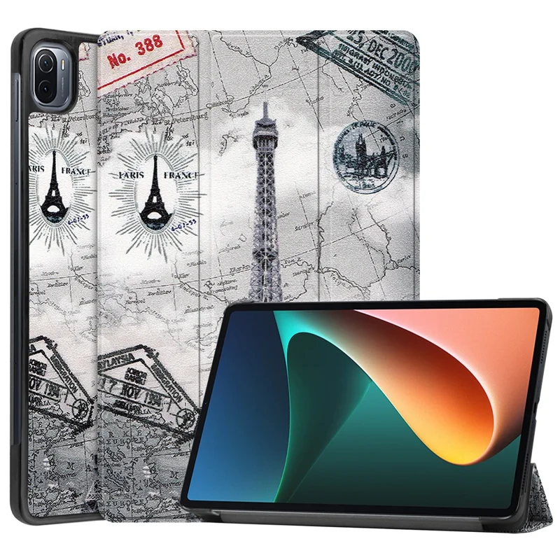 Pattern Printing PU Leather Case for Xiaomi Pad 5/Pad 5 Pro, Tri-Fold Stand Smart Cover with Auto Sleep / Wake - Eiffel Tower and Map