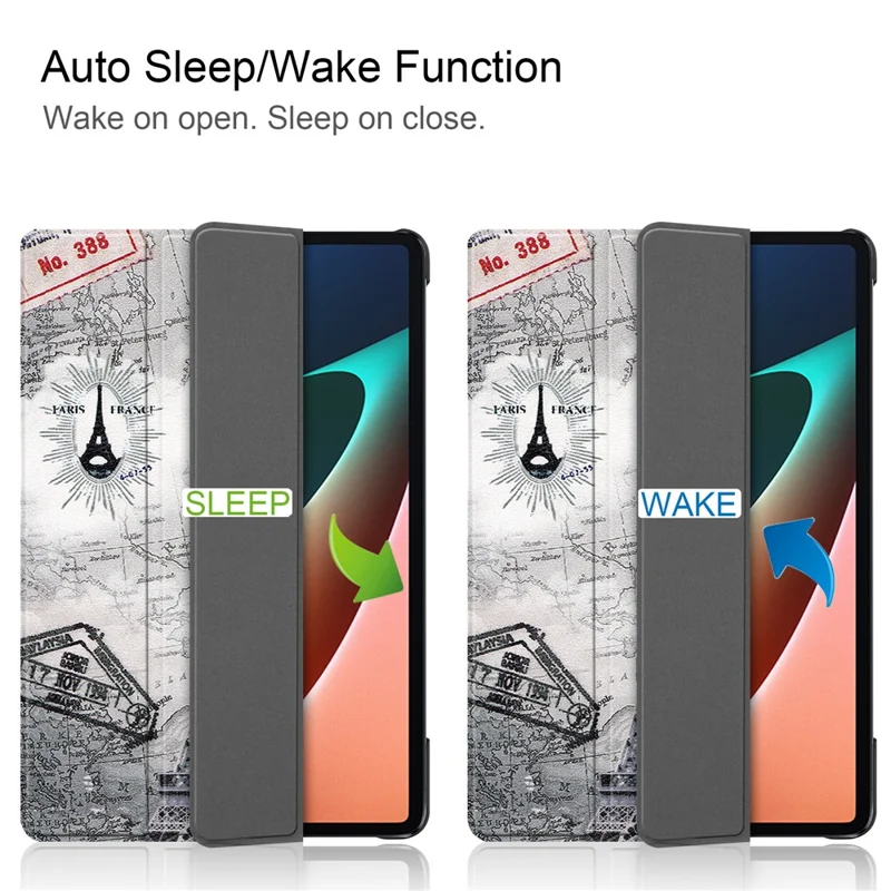Pattern Printing PU Leather Case for Xiaomi Pad 5/Pad 5 Pro, Tri-Fold Stand Smart Cover with Auto Sleep / Wake - Eiffel Tower and Map