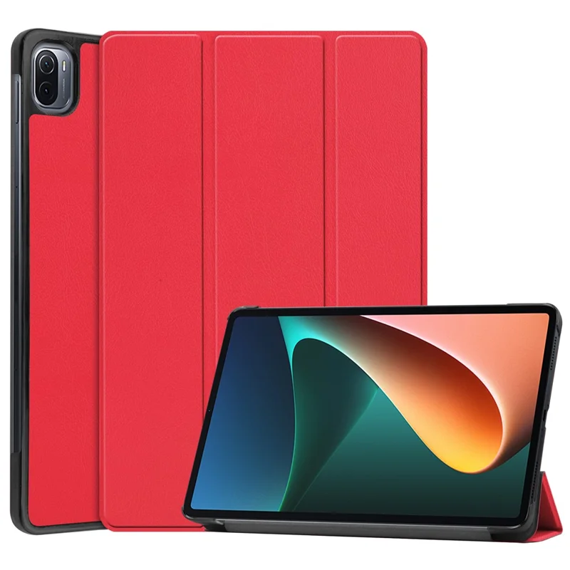 Capa Tri-fold de Couro PU Antirriscos e à Prova de Choques para Xiaomi Pad 5/Pad 5 Pro - Vermelho