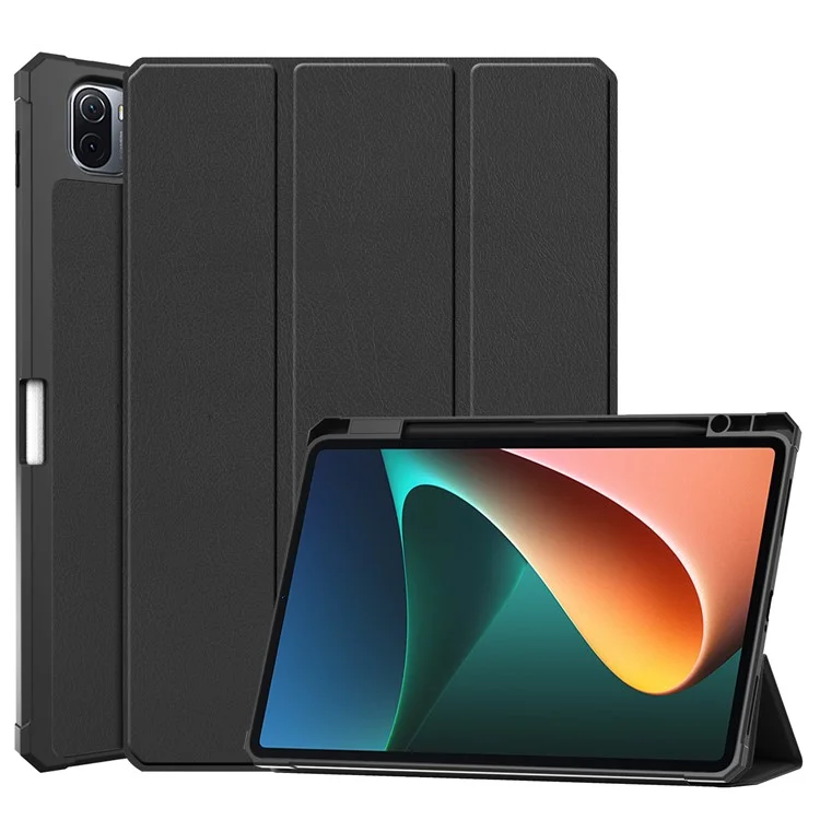 For Xiaomi Pad 5/Pad 5 Pro Slim Case Tri-fold Stand PU Leather Shockproof Tablet Cover with Pencil Holder Support Auto Wake/Sleep - Black