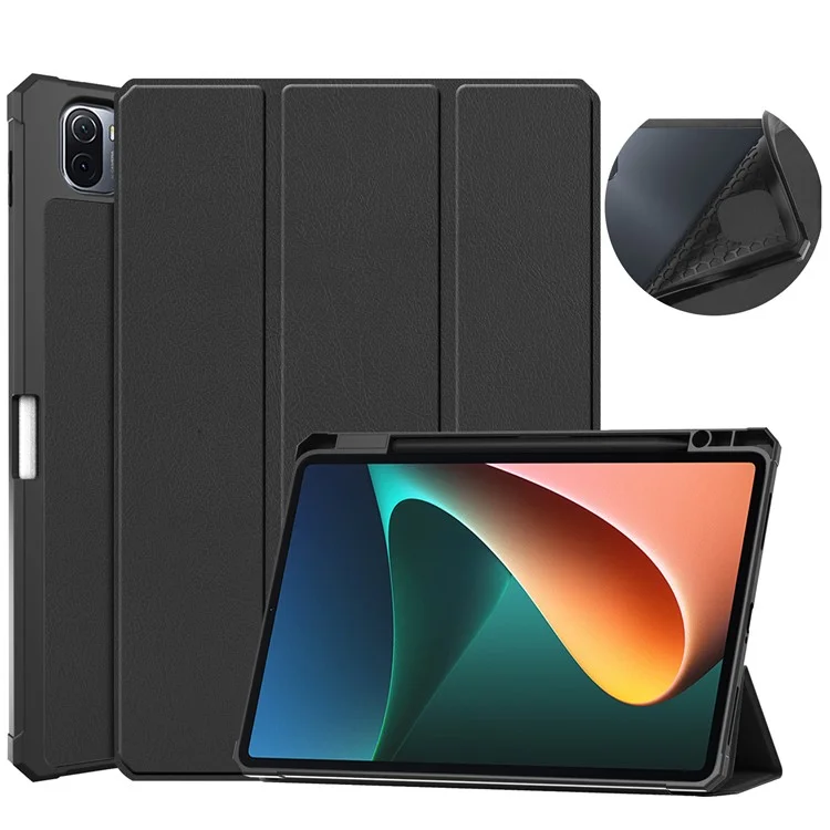 For Xiaomi Pad 5/Pad 5 Pro Slim Case Tri-fold Stand PU Leather Shockproof Tablet Cover with Pencil Holder Support Auto Wake/Sleep - Black