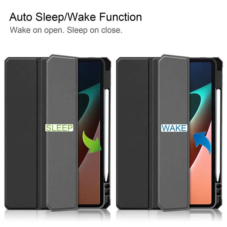 Para Xiaomi Pad 5/Pad 5 Pro Slim Case Tri-fold Stand PU Leather Shockproof Tablet Cover with Pencil Holder Support Auto Wake/Sleep - Preto