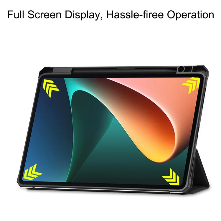 Para Xiaomi Pad 5/Pad 5 Pro Slim Case Tri-fold Stand PU Leather Shockproof Tablet Cover with Pencil Holder Support Auto Wake/Sleep - Preto