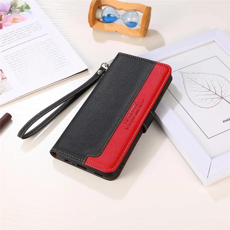KHAZNEH RFID Anti-theft Swiping Litchi Texture Wallet Stand Leather Shell Case for Xiaomi Redmi Note 11 4G (MediaTek)/Redmi 10 4G/Redmi 10 2022 4G/10 Prime - Black