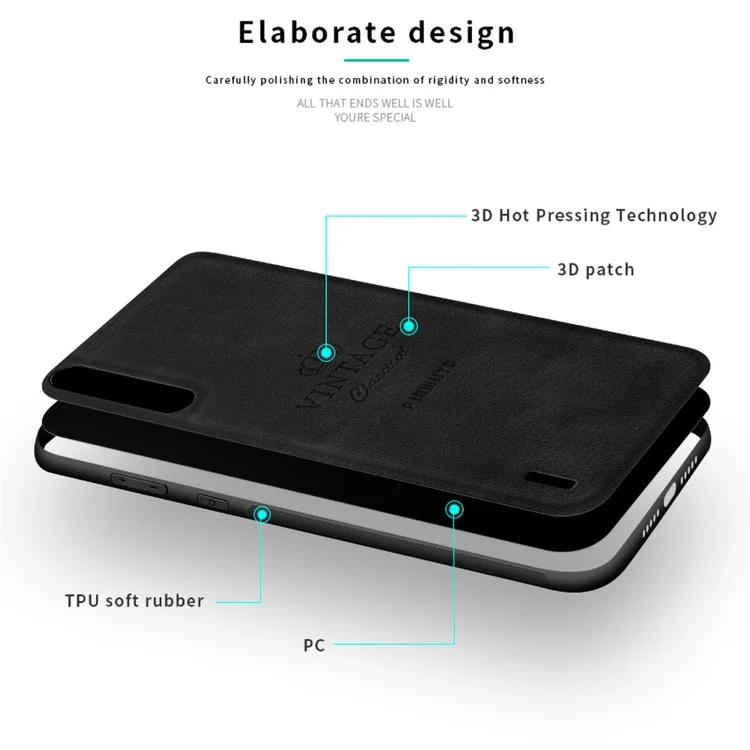 PINWUYO Ehrenwerte Serie Anti-Drop Leichtgewicht Slim Leder beschichtete PC + TPU Kombi-Case für Xiaomi Mi CC9/CC9 Meitu Edition/9 Lite - Schwarz