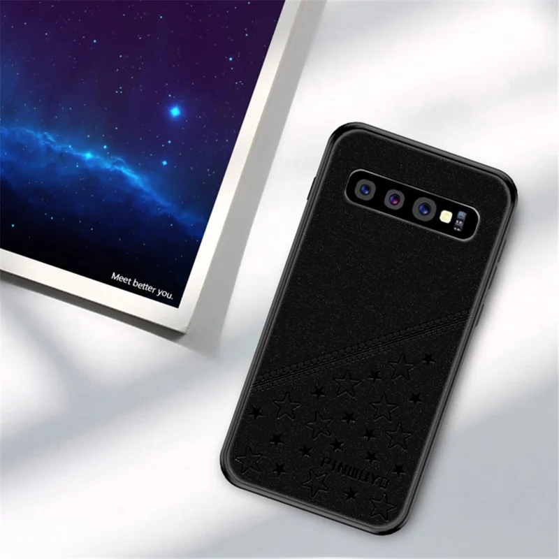 PINWUYO Soft Edge Matte Surface Hybrid Phone Cover Shell Coated with Imprinting PU Leather for Samsung Galaxy S10 Plus - Black