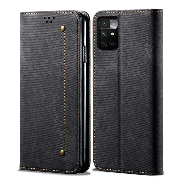 Carteira de Textura de Pano Jeans Design com Tela Auto-Absorvente de Couro para Xiaomi Redmi 10 4G (2021)/10 Prime/10 2022 4G/Note 11 4G (MediaTek) - Preto