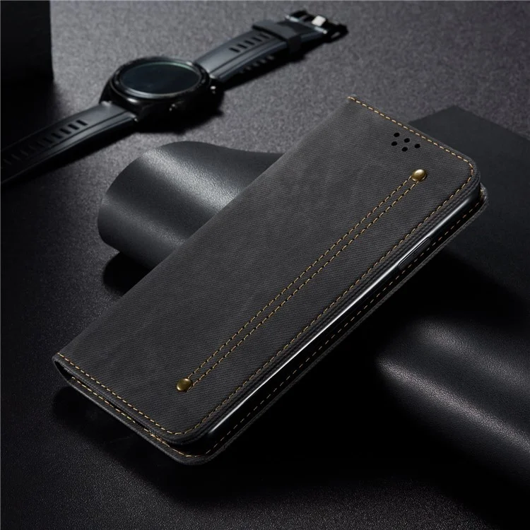 Carteira de Textura de Pano Jeans Design com Tela Auto-Absorvente de Couro para Xiaomi Redmi 10 4G (2021)/10 Prime/10 2022 4G/Note 11 4G (MediaTek) - Preto