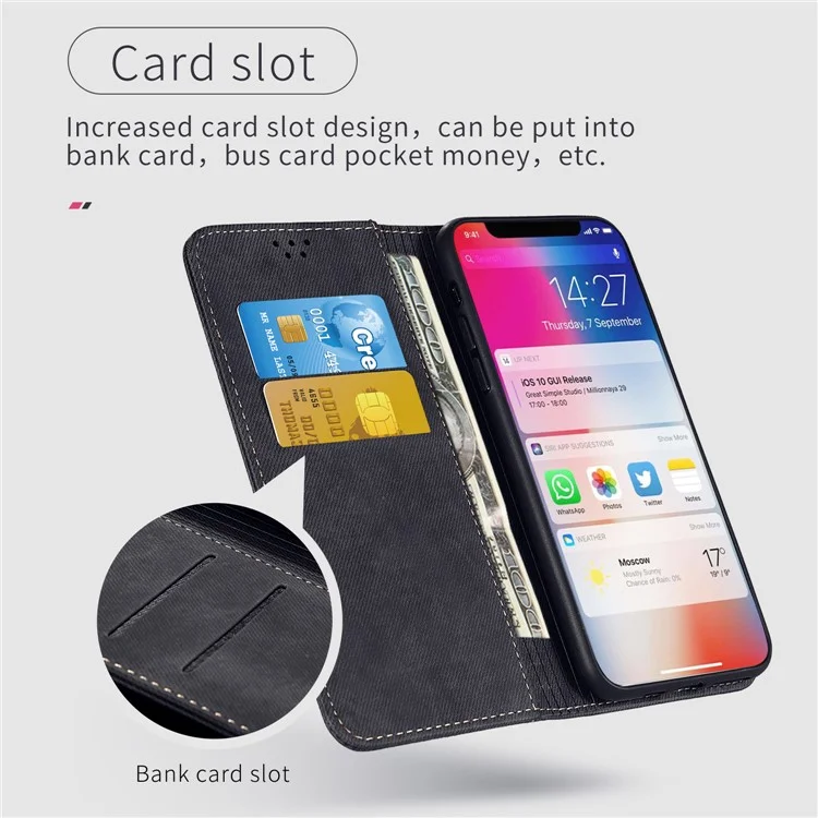Carteira de Textura de Pano Jeans Design com Tela Auto-Absorvente de Couro para Xiaomi Redmi 10 4G (2021)/10 Prime/10 2022 4G/Note 11 4G (MediaTek) - Preto