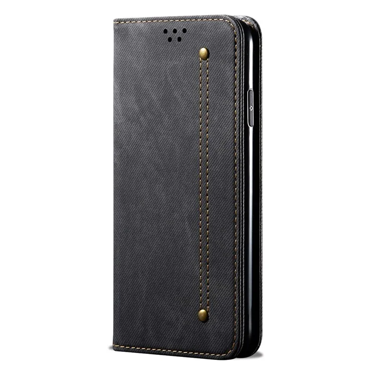 Carteira de Textura de Pano Jeans Design com Tela Auto-Absorvente de Couro para Xiaomi Redmi 10 4G (2021)/10 Prime/10 2022 4G/Note 11 4G (MediaTek) - Preto