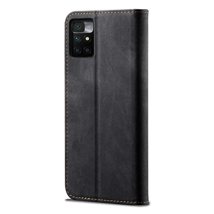 Carteira de Textura de Pano Jeans Design com Tela Auto-Absorvente de Couro para Xiaomi Redmi 10 4G (2021)/10 Prime/10 2022 4G/Note 11 4G (MediaTek) - Preto