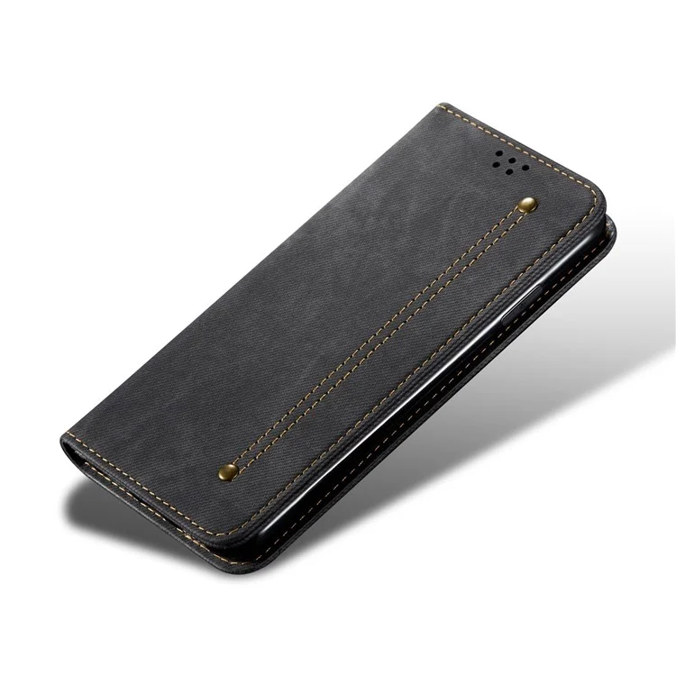 Carteira de Textura de Pano Jeans Design com Tela Auto-Absorvente de Couro para Xiaomi Redmi 10 4G (2021)/10 Prime/10 2022 4G/Note 11 4G (MediaTek) - Preto