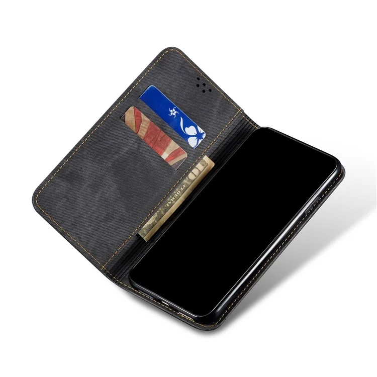 Carteira de Textura de Pano Jeans Design com Tela Auto-Absorvente de Couro para Xiaomi Redmi 10 4G (2021)/10 Prime/10 2022 4G/Note 11 4G (MediaTek) - Preto