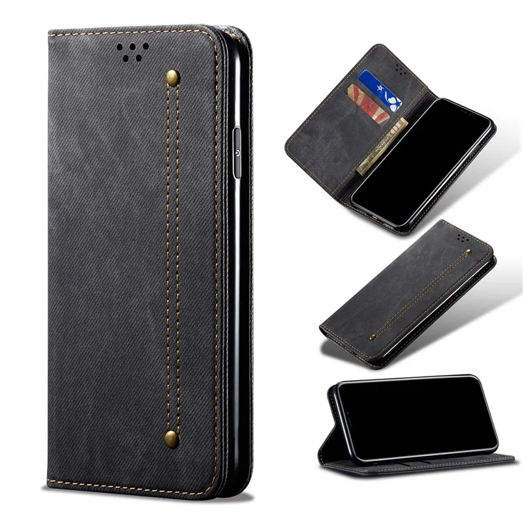 Carteira de Textura de Pano Jeans Design com Tela Auto-Absorvente de Couro para Xiaomi Redmi 10 4G (2021)/10 Prime/10 2022 4G/Note 11 4G (MediaTek) - Preto