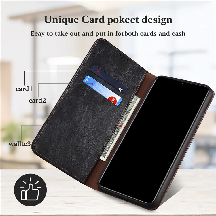 Waxy Crazy Horse Texture Willet Stand Cierre Magnético PU Case de Teléfono de Cuero Para Xiaomi Redmi 10 4G (2021)/10 Prime/10 2022 4g/nota 11 4G (MediaTek) - Negro