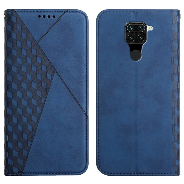 Capa de couro com toque de pele e design de padrão de losango para Xiaomi Redmi Note 9 (MTK Helio G85) - Azul