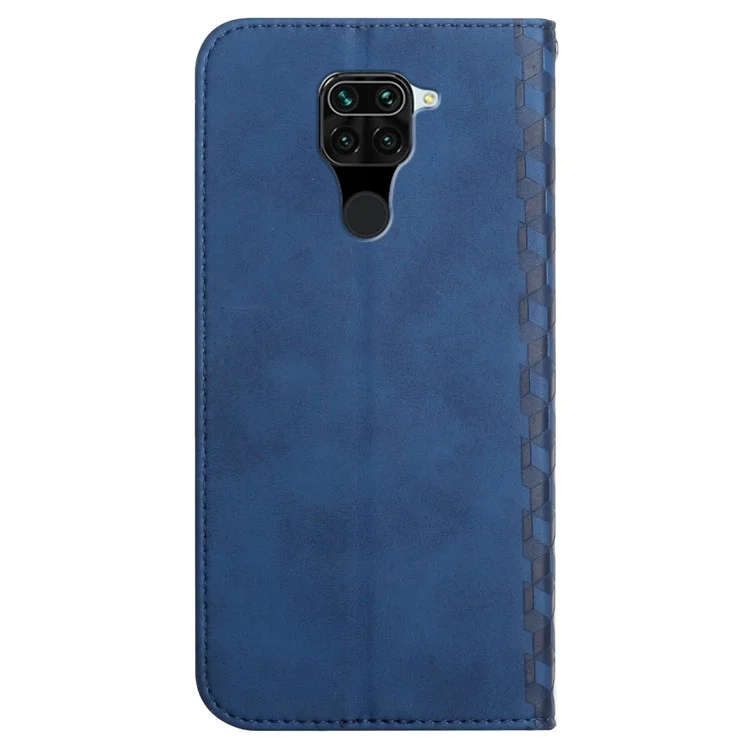 Rhombus Pattern Skin-touch Feeling Leather Case Cover Shell with Wallet Stand for Xiaomi Redmi Note 9 (MTK Helio G85) - Blue