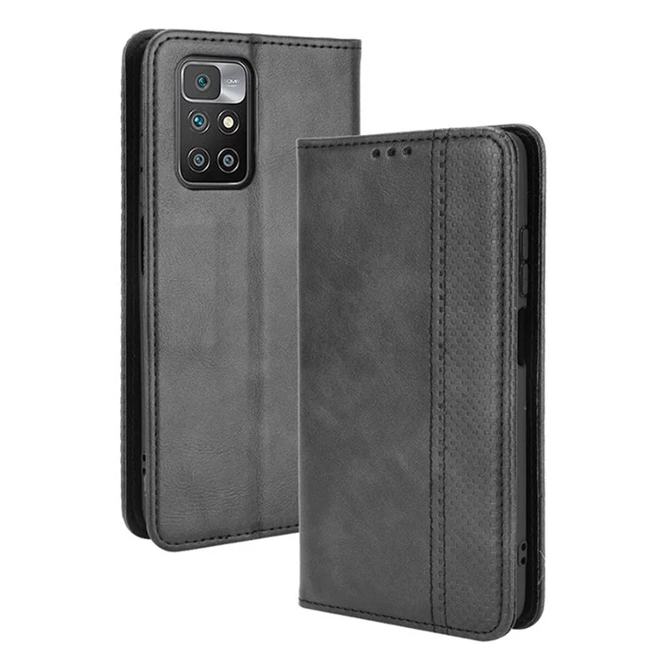 Vintage Style Magnetic Auto-absorbed Leather Phone Wallet Stand Case Cover for Xiaomi Redmi 10 4G (2021)/10 Prime/10 2022 4G/Note 11 4G (MediaTek) - Black