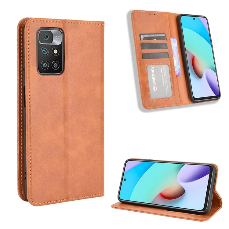 Vintage Style Magnetischer Auto-absorbierter Leder-Telefongeldbeutel-Ständer-Hülle für Xiaomi Redmi 10 4G (2021)/10 Prime/10 2022 4G/Note 11 4G (MediaTek) - Braun