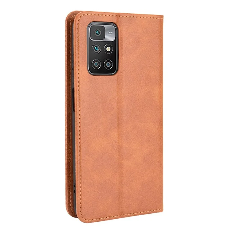 Vintage Style Magnetischer Auto-absorbierter Leder-Telefongeldbeutel-Ständer-Hülle für Xiaomi Redmi 10 4G (2021)/10 Prime/10 2022 4G/Note 11 4G (MediaTek) - Braun