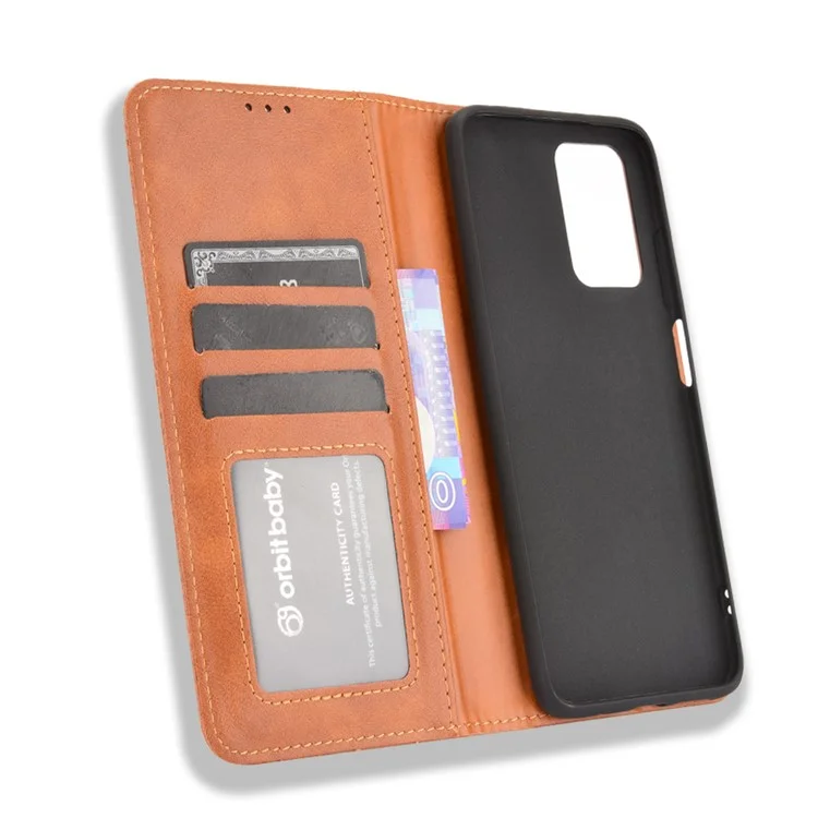 Vintage Style Magnetischer Auto-absorbierter Leder-Telefongeldbeutel-Ständer-Hülle für Xiaomi Redmi 10 4G (2021)/10 Prime/10 2022 4G/Note 11 4G (MediaTek) - Braun
