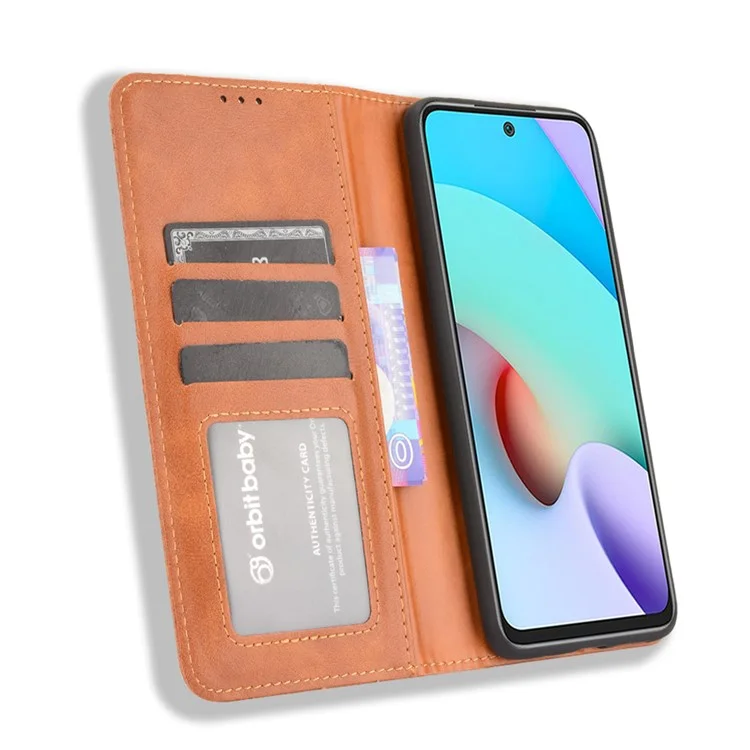 Vintage Style Magnetischer Auto-absorbierter Leder-Telefongeldbeutel-Ständer-Hülle für Xiaomi Redmi 10 4G (2021)/10 Prime/10 2022 4G/Note 11 4G (MediaTek) - Braun
