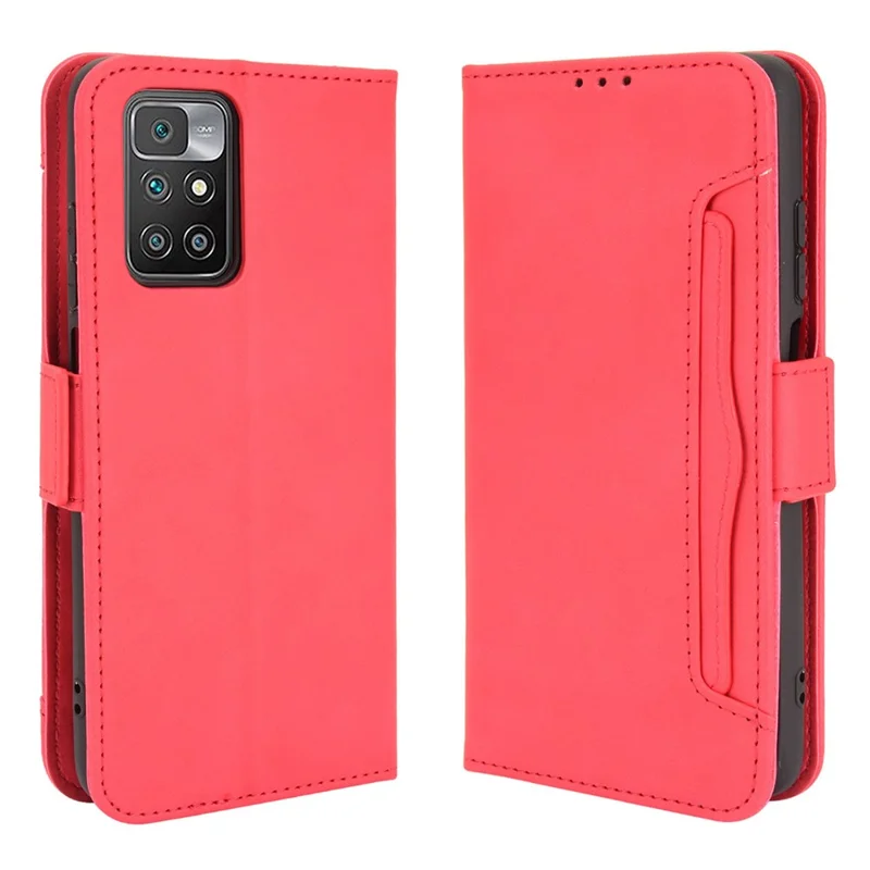 Multi Card Slots Design Magnetic Flip Leather Phone Stand Wallet Case Cover Shell for Xiaomi Redmi 10 4G (2021)/10 Prime/10 2022 4G/Note 11 4G (MediaTek) - Red