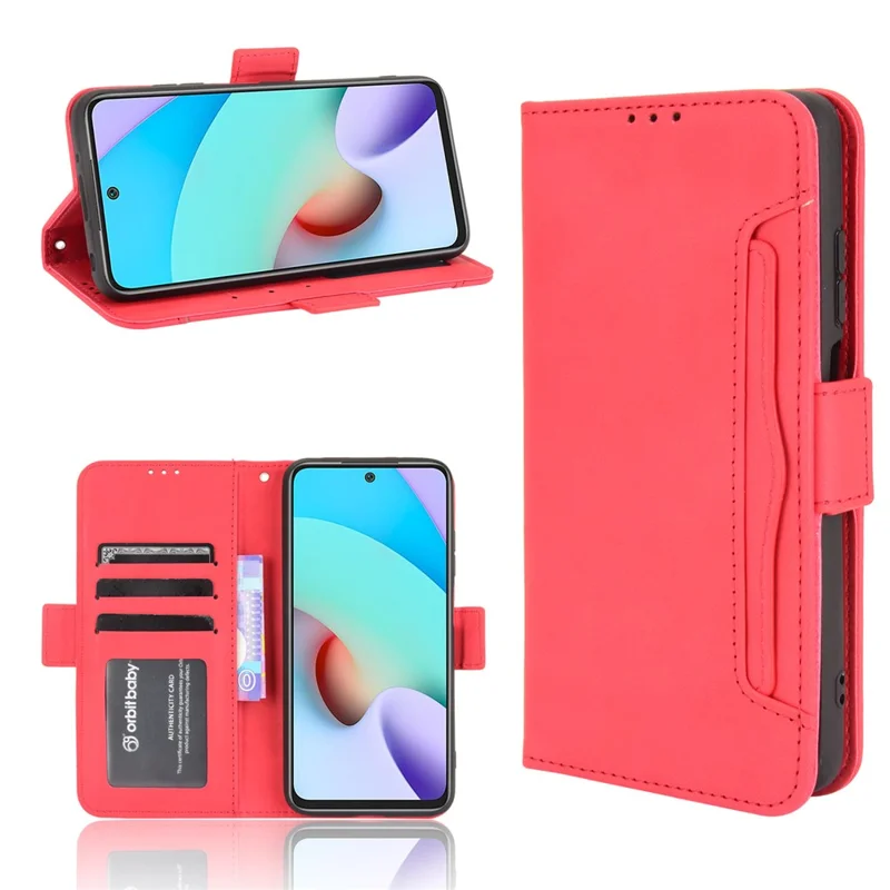 Multi Card Slots Design Magnetic Flip Leather Phone Stand Wallet Case Cover Shell for Xiaomi Redmi 10 4G (2021)/10 Prime/10 2022 4G/Note 11 4G (MediaTek) - Red