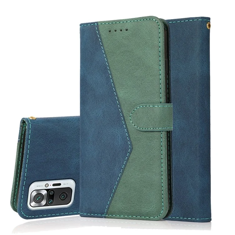 Anti-Drop Full Body Protection Dual Color Anti-Scratch Wallet Design Leather Phone Case for Xiaomi Redmi Note 10 Pro 4G (India)/(Global)/Note 10 Pro Max - Blue/Green