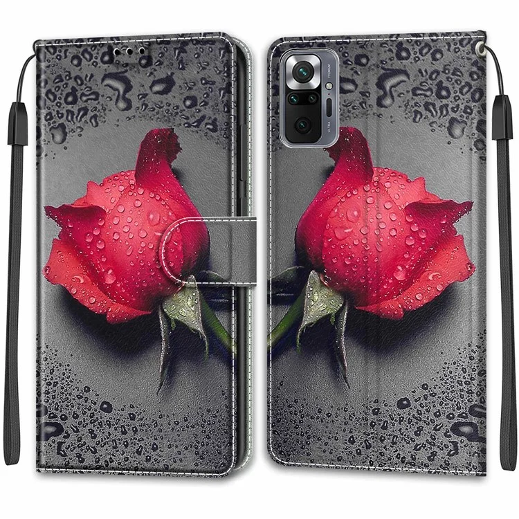 Pattern Printing Design Anti-Drop Handy Strap Leather Cover Phone Case with Stand for Xiaomi Redmi Note 10 Pro 4G (Global) / Redmi Note 10 Pro Max - Flower