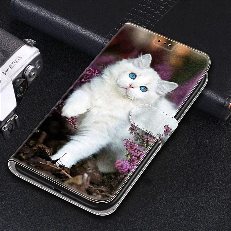 Musterdruckdesign-karten-slots Design Anti-Fall Leder Cover Phone Stand Hülle Für Xiaomi Redmi Note 10 4G/Note 10s - Weiße Katze