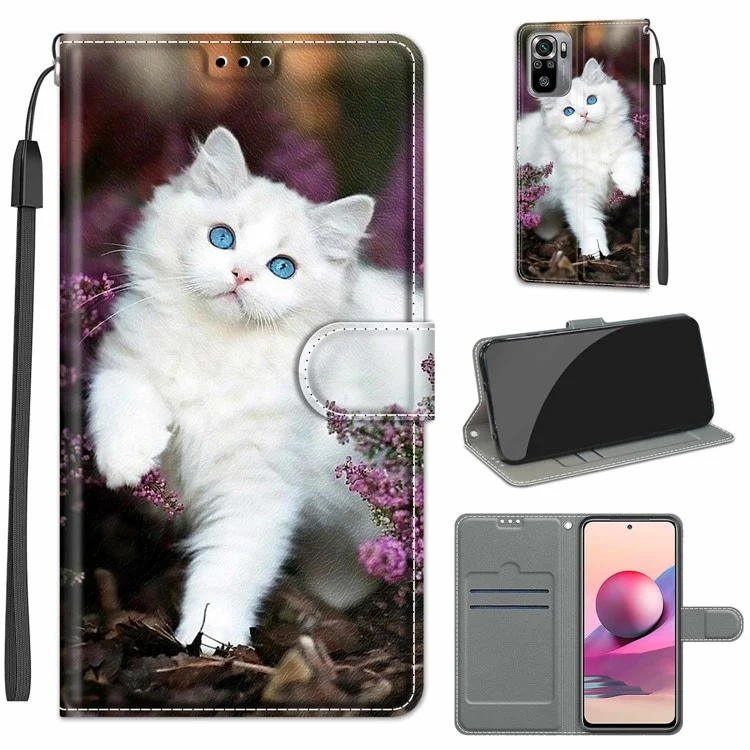 Pattern Printing Design Card Slots Design Anti-Fall Leather Cover Phone Stand Case for Xiaomi Redmi Note 10 4G / Note 10S / Poco M5s 4G - White Cat