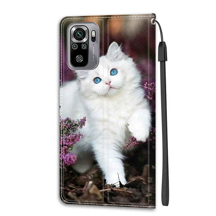 Pattern Printing Design Card Slots Design Anti-Fall Leather Cover Phone Stand Case for Xiaomi Redmi Note 10 4G / Note 10S / Poco M5s 4G - White Cat