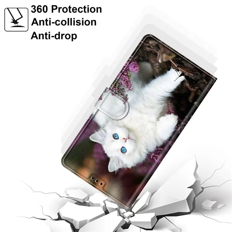 Pattern Printing Design Card Slots Design Anti-Fall Leather Cover Phone Stand Case for Xiaomi Redmi Note 10 4G / Note 10S / Poco M5s 4G - White Cat