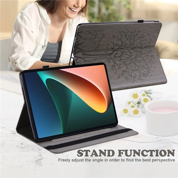 Imprinted Tree Deer Pattern PU Leather Stand Tablet Cover Shell with Card Slots for Xiaomi Pad 5/Pad 5 Pro - Grey