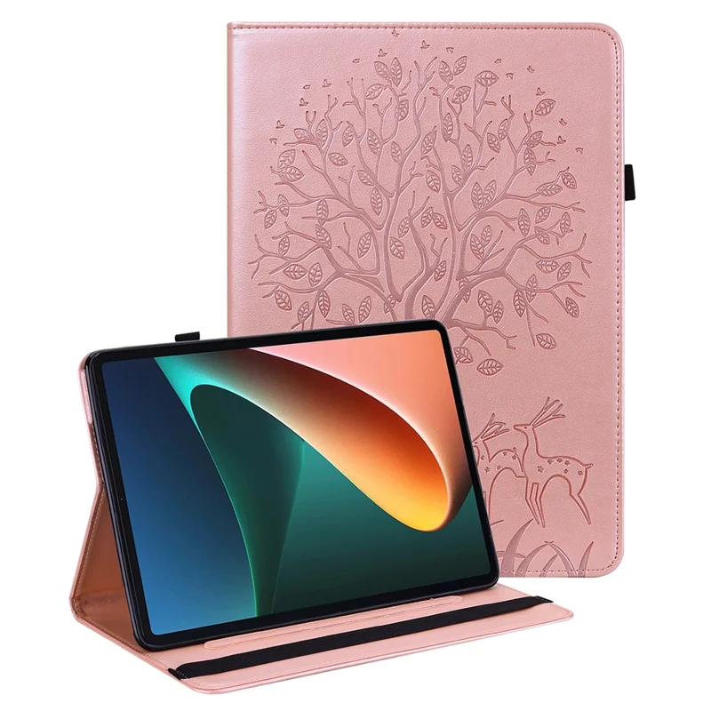 Custodia in pelle PU con motivo a cervo impresso, con supporto e slot per carte per Xiaomi Pad 5/Pad 5 Pro - Rosa Oro