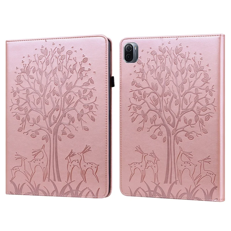 Custodia in pelle PU con motivo a cervo impresso, con supporto e slot per carte per Xiaomi Pad 5/Pad 5 Pro - Rosa Oro