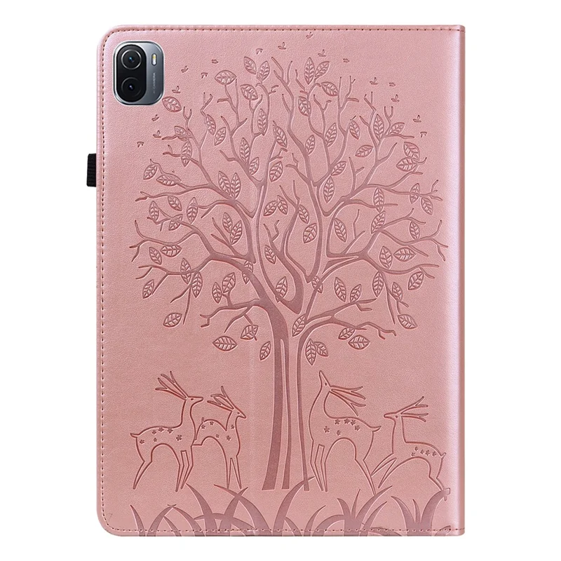 Custodia in pelle PU con motivo a cervo impresso, con supporto e slot per carte per Xiaomi Pad 5/Pad 5 Pro - Rosa Oro