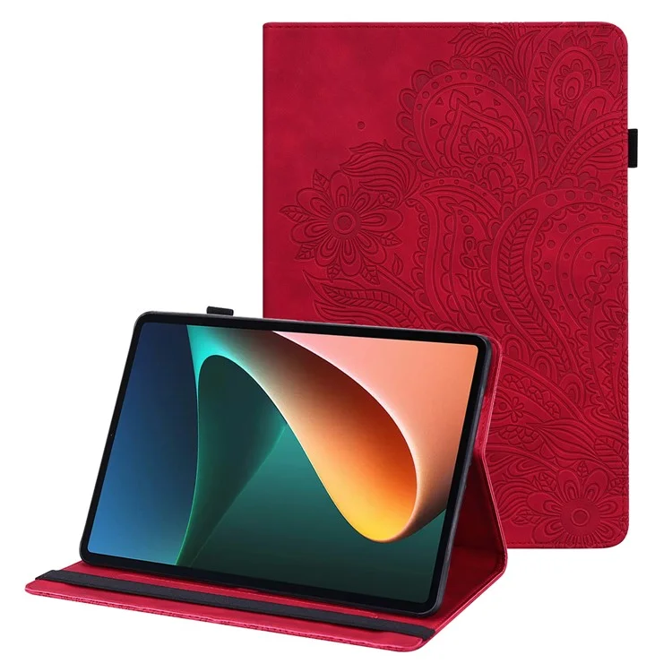 Imprinted Flower Stand Design Leather Tablet Cover Case with Card Slots for Xiaomi Pad 5/Pad 5 Pro - Red