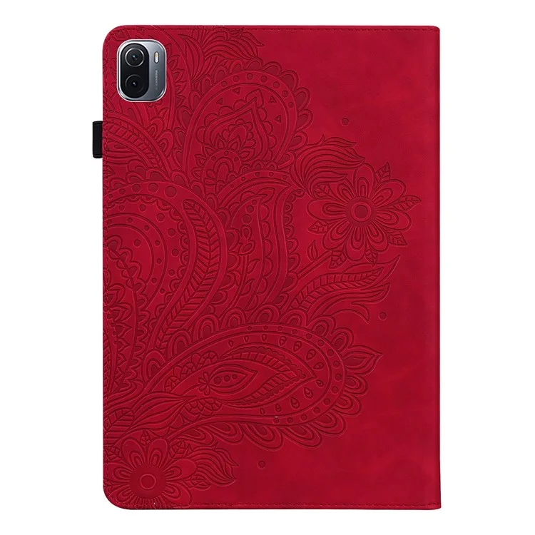 Imprinted Flower Stand Design Leather Tablet Cover Case with Card Slots for Xiaomi Pad 5/Pad 5 Pro - Red