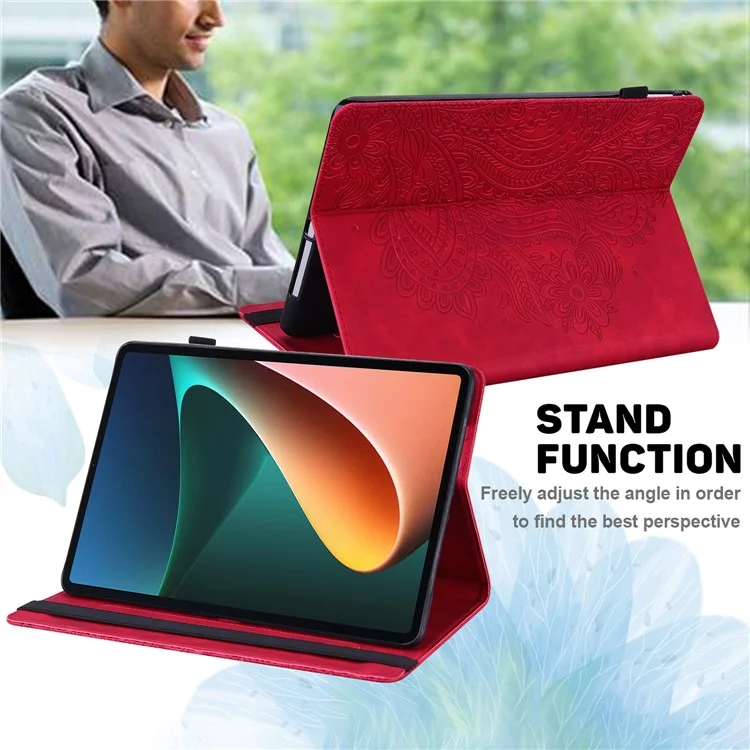 Imprinted Flower Stand Design Leather Tablet Cover Case with Card Slots for Xiaomi Pad 5/Pad 5 Pro - Red