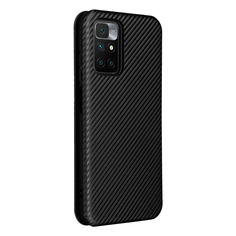 Auto-Absorbed Carbon Fiber Texture Card Slot Anti-Drop Leather Case with Ring Strap for Xiaomi Redmi 10 4G (2021)/10 Prime/10 2022 4G/Note 11 4G (MediaTek) - Black