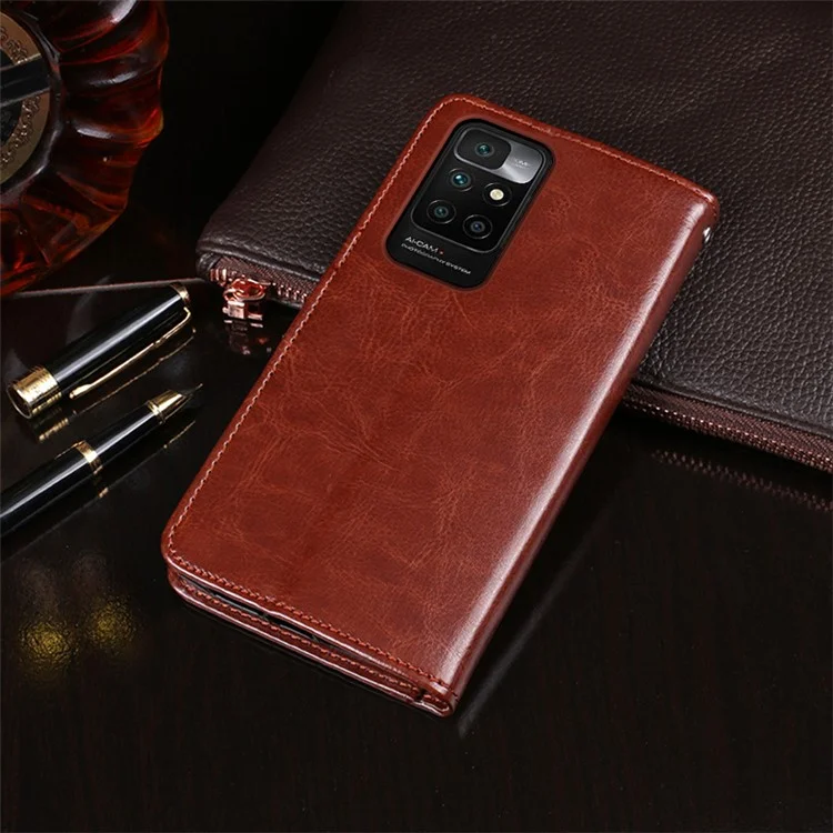 Idewei Crazy Horse Textur Ganzkörperschutz Brieftasche Folio Flip Leder Hülle Für Xiaomi Redmi 10 4G (2021)/10 Prime/10 2022 4G/Note 11 4G (mediatek) - Dunkelblau