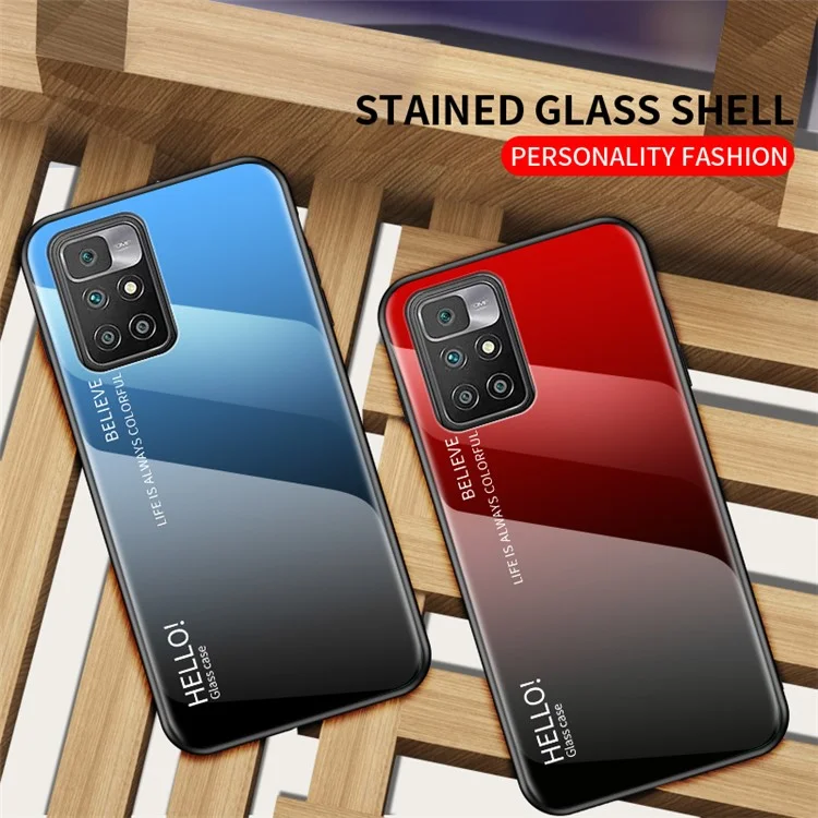 Vidro Temperado Gradiente + Armação TPU Fina Capa Protetora Híbrida Leve para Xiaomi Redmi 10 4G (2021)/10 2022 4G/Note 11 4G (MediaTek) - Gradiente Roxo Verde