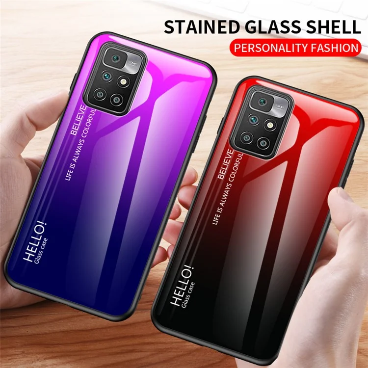 Vidro Temperado Gradiente + Armação TPU Fina Capa Protetora Híbrida Leve para Xiaomi Redmi 10 4G (2021)/10 2022 4G/Note 11 4G (MediaTek) - Gradiente Roxo Verde