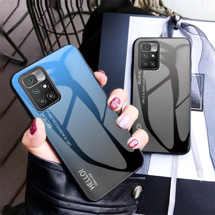 Vidro Temperado Gradiente + Armação TPU Fina Capa Protetora Híbrida Leve para Xiaomi Redmi 10 4G (2021)/10 2022 4G/Note 11 4G (MediaTek) - Gradiente Roxo Verde