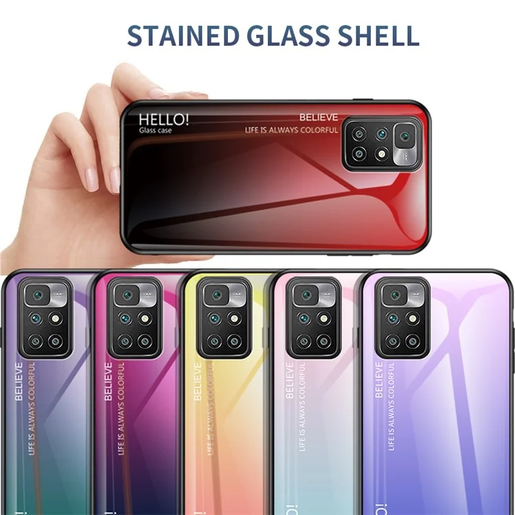 Gradient Tempered Glass + TPU Frame Slim Light Protective Hybrid Cover Case for Xiaomi Redmi 10 4G (2021)/10 2022 4G/Note 11 4G (MediaTek) - Gradient Purple Blue