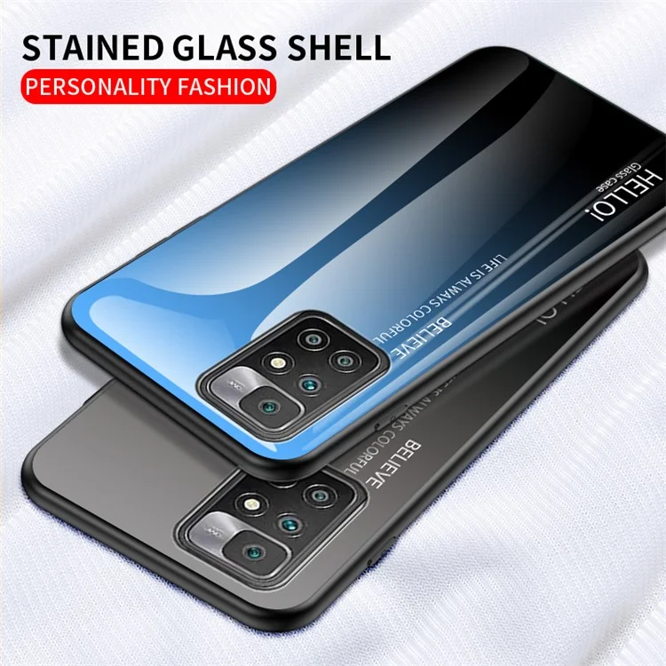 Gradient Tempered Glass + TPU Frame Slim Light Protective Hybrid Cover Case for Xiaomi Redmi 10 4G (2021)/10 2022 4G/Note 11 4G (MediaTek) - Gradient Purple Blue
